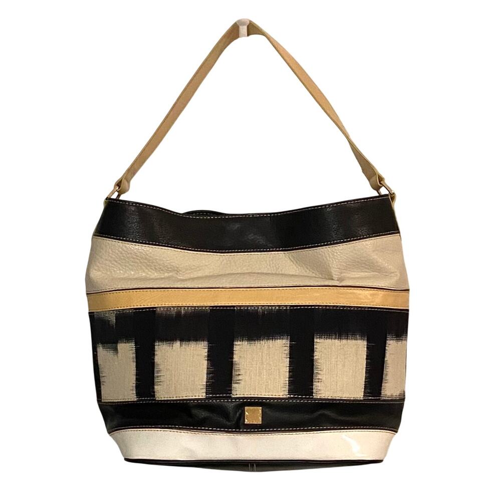 Liz Claiborne Shoulder Bag Large Black Beige Tan Leather Cotton READ